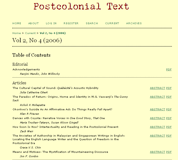 Contents list of Postcolonial Text