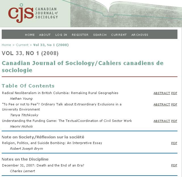 The electronic version of the Canadian Journal of Sociology