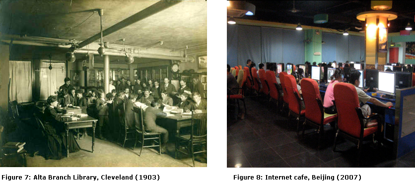 Figures 7, 8: Alta branch library 1903 and Beijing Internet cafe, 2007