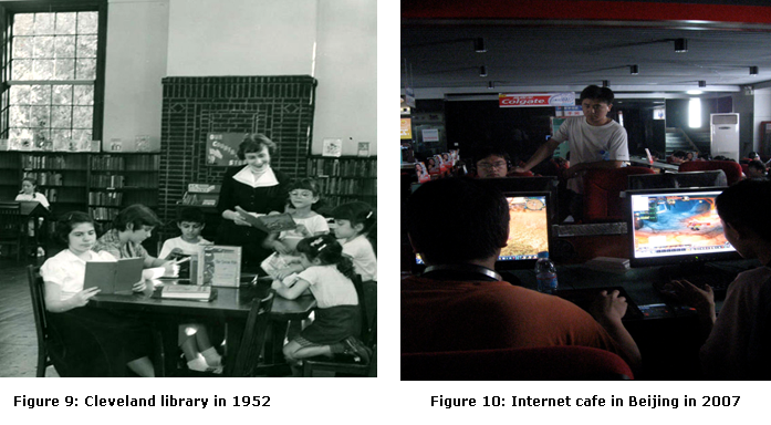 Figure 9, 10: Cleveland library in 1952 and Beijing Internet cafe, 2007
