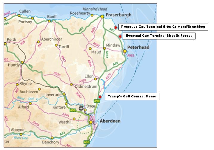 Location of gas terminal and golf course developments in North-east Scotland