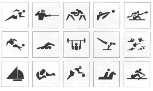A sample of the pictograms for various sports of the summer Olympics. Unfortunately, specific information activities are not so easy to represent.