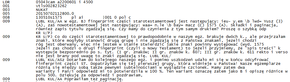 Figure 4: Dialogue genre texts (009 fields) in the Polish national union catalogue record (partial).