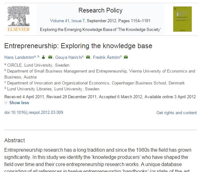 Figure1: Example article: Landström, H. et.al. (2012). Entrepreneurship: Exploring the knowledge base. Research Policy, 41(7), 1154-1181.
