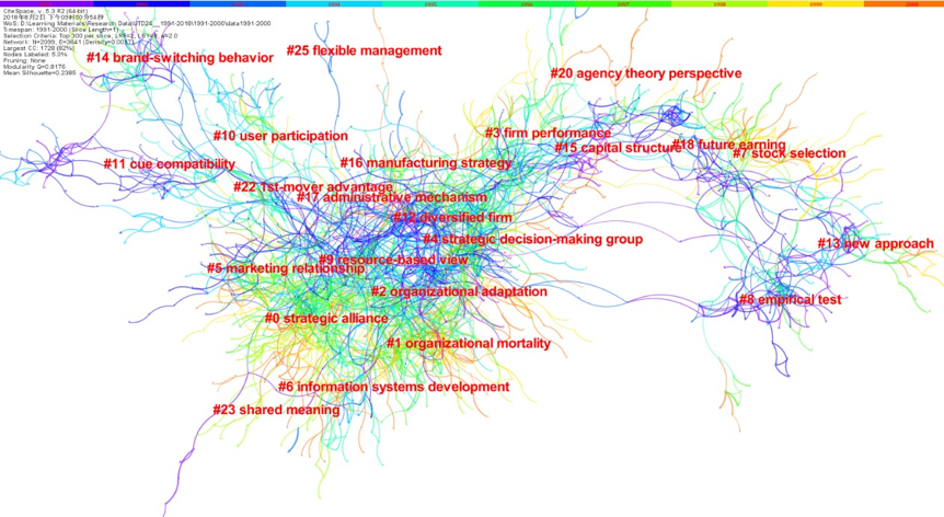 A landscape view of the co-citation network generated by the top 300 articles per year between 1991 and 2000